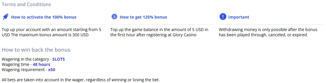 Glory Casino payment limits table — deposit and withdrawal amounts for all methods